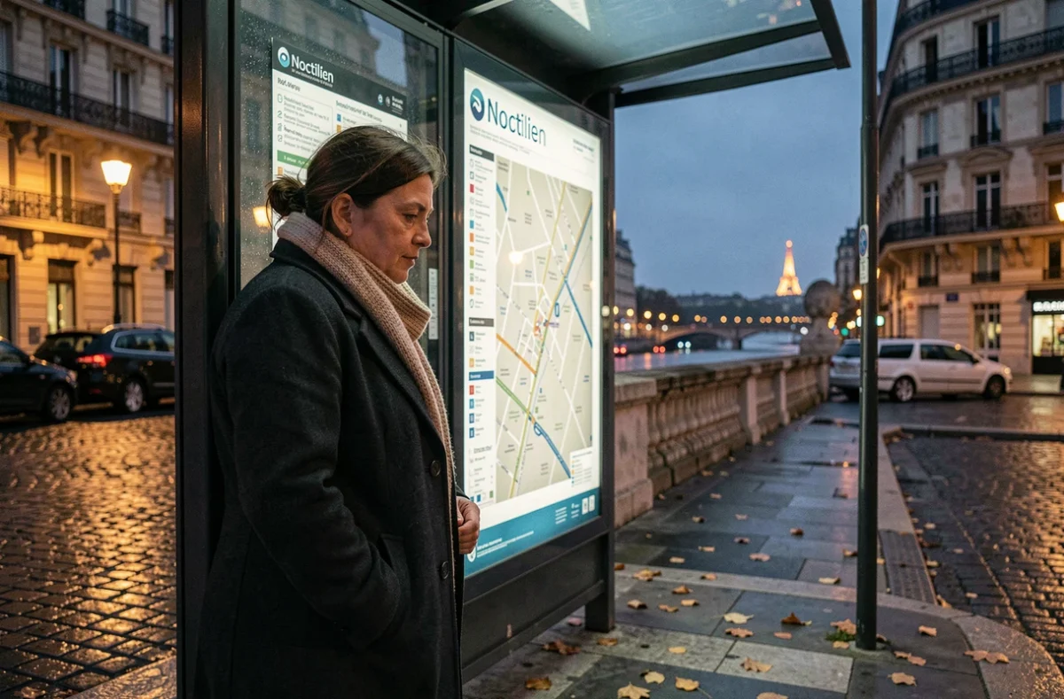 Femme consultant le plan du réseau Noctilien à un arrêt de bus parisien la nuit