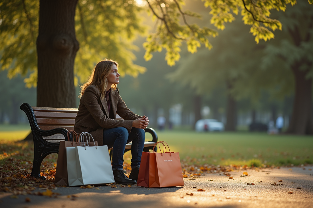 Femme assise sur un banc de parc avec sacs à la mode