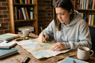 Jeune femme concentrée résolvant une énigme de salle d'évasion avec une carte annotée et des notes manuscrites sur un bureau en bois