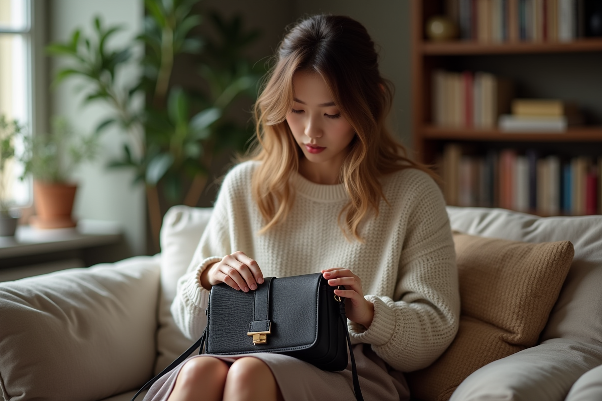 Jeune femme examine un sac en cuir dans son salon