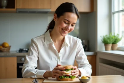 Femme souriante préparant un sandwich sain à la maison