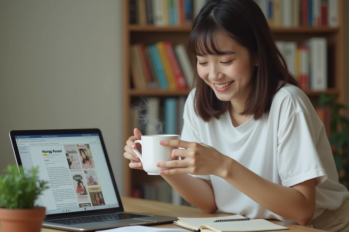 Jeune femme découvrant les scans de One Piece en ligne depuis son bureau avec un ordinateur portable