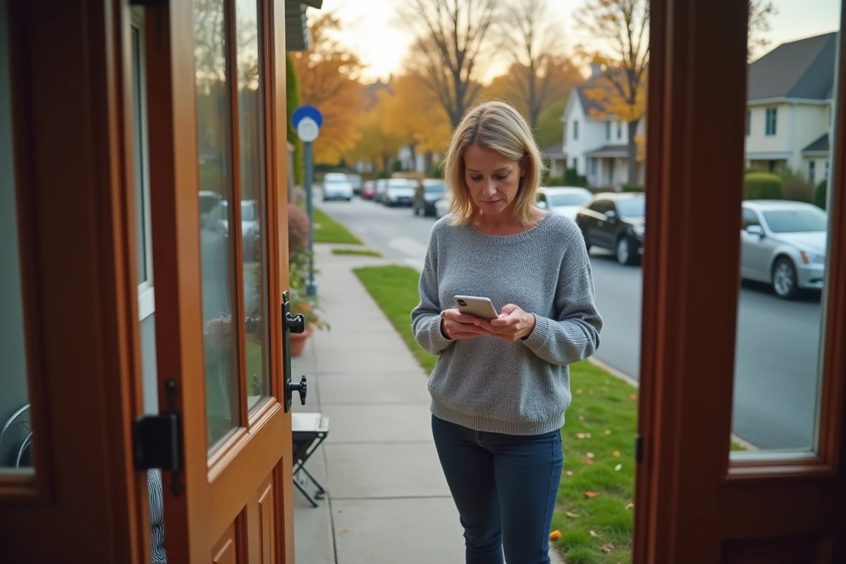 Femme vérifiant le suivi de son colis en transit sur son smartphone depuis le pas de sa porte