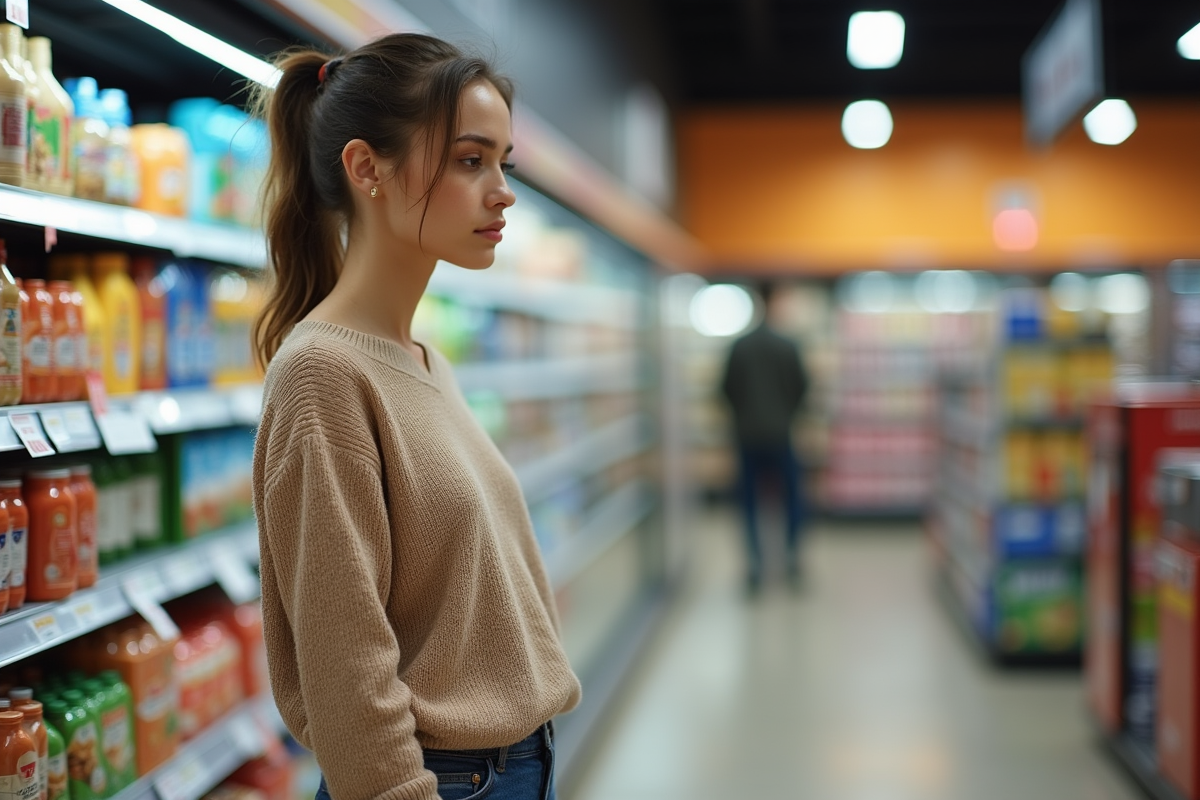 Jeune femme regardant les étiquettes de prix dans un supermarché