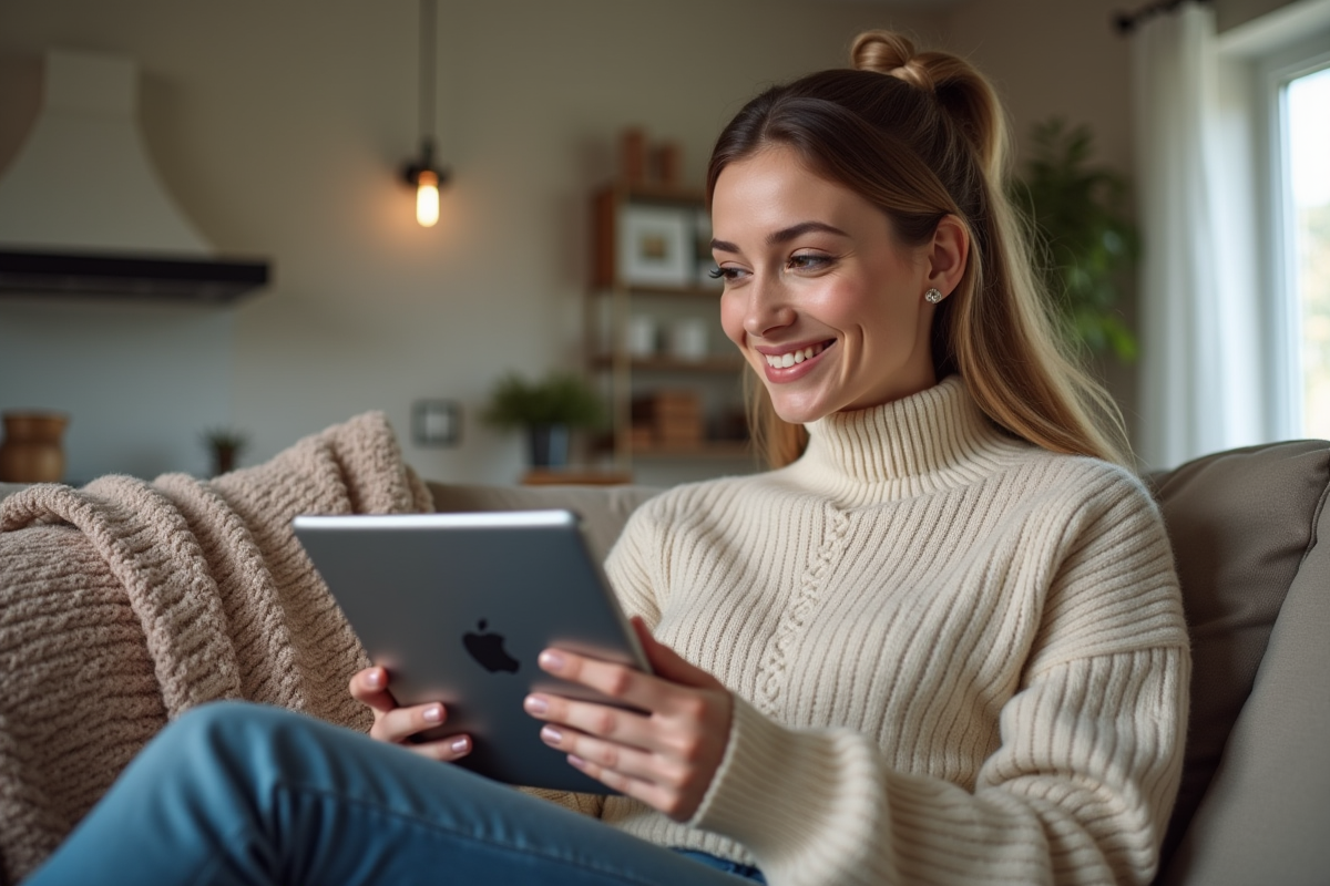Jeune femme utilise une tablette pour comparer valeurs immobilières