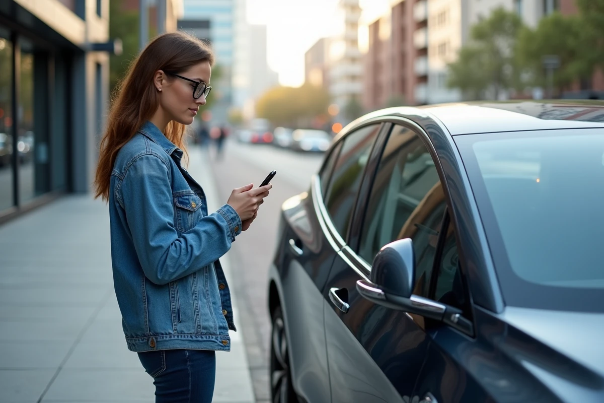 Jeune femme utilisant une application pour comparer autopilotes devant sa voiture