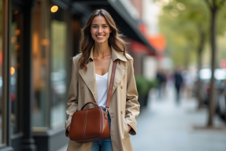 Femme élégante en trench beige dans la ville