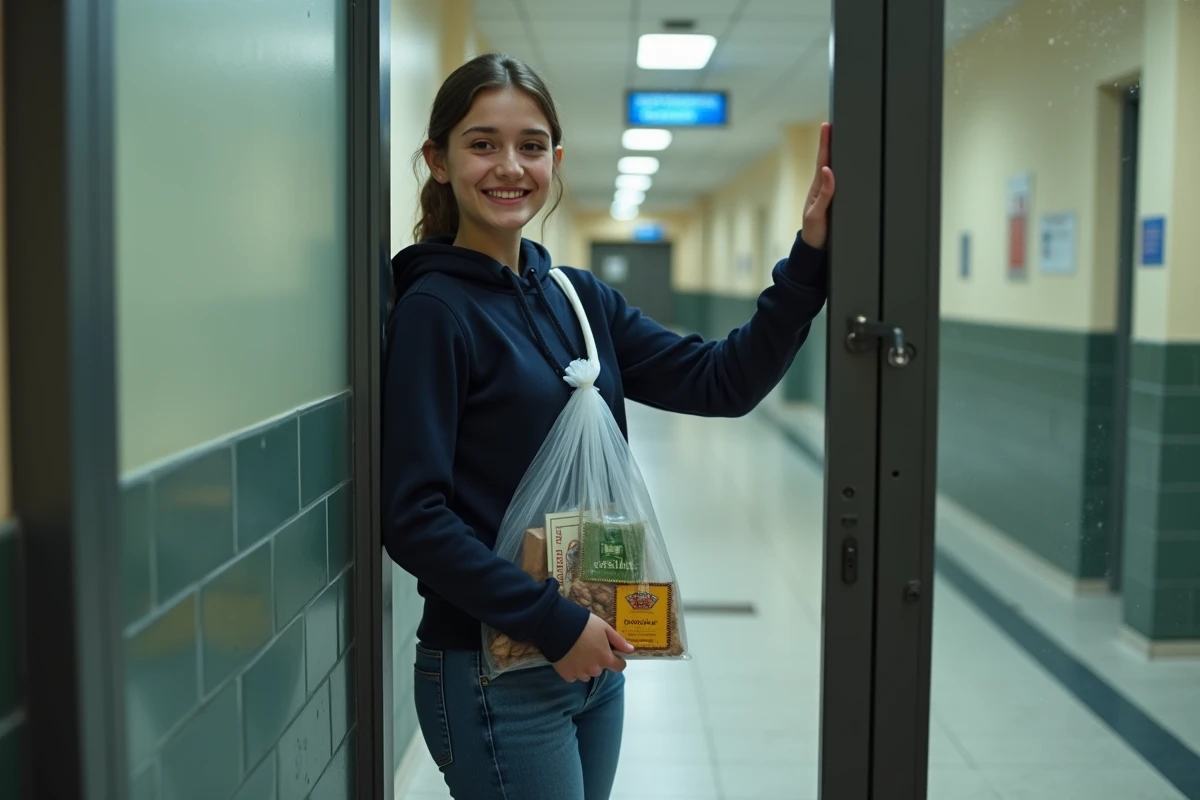 Jeune femme regardant à travers la vitre de visite