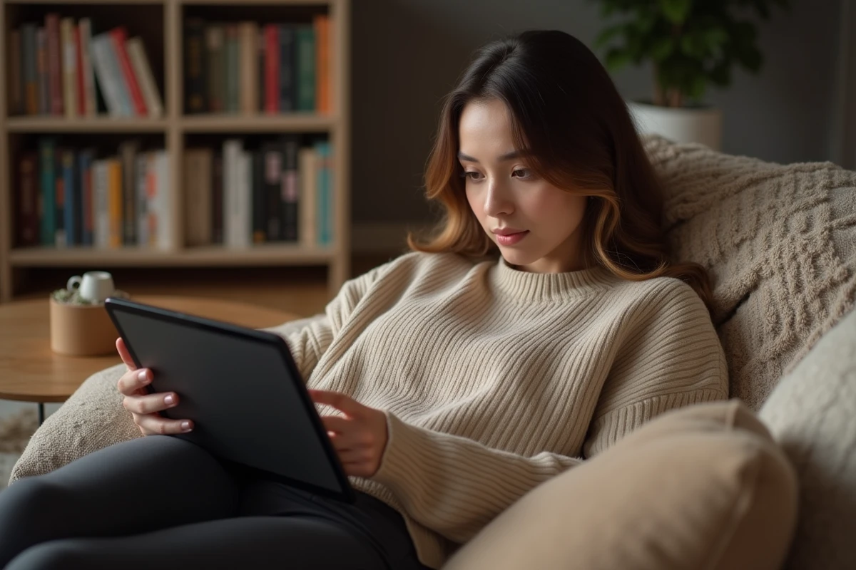 Femme utilisant une application VPN sur tablette pour accéder à un site de lecture de manga bloqué