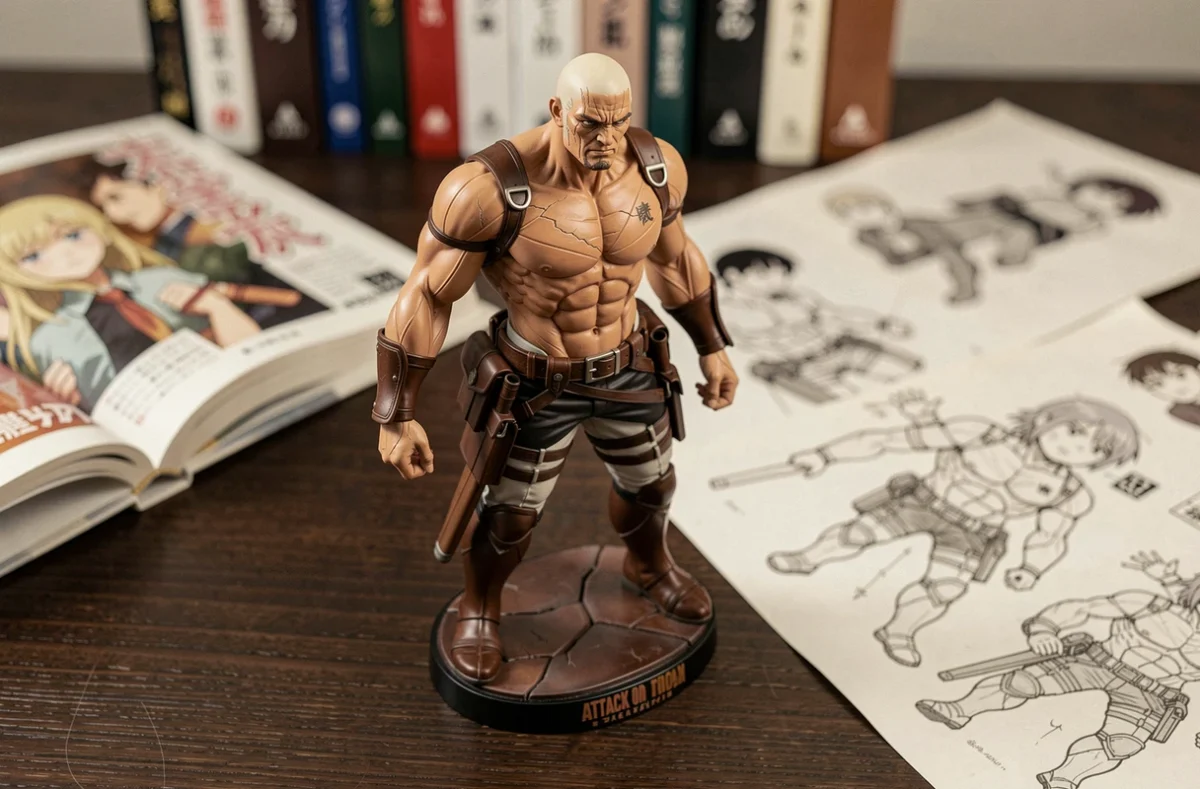 Figurine collector du Titan Colossal de SNK sur bureau en bois avec manga et croquis, détail des pouvoirs des Titans Primordiaux