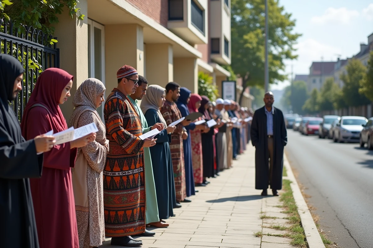 File d'attente de fidèles en tenue traditionnelle devant la mosquée de Ris-Orangis lors de la prière de l'Aïd