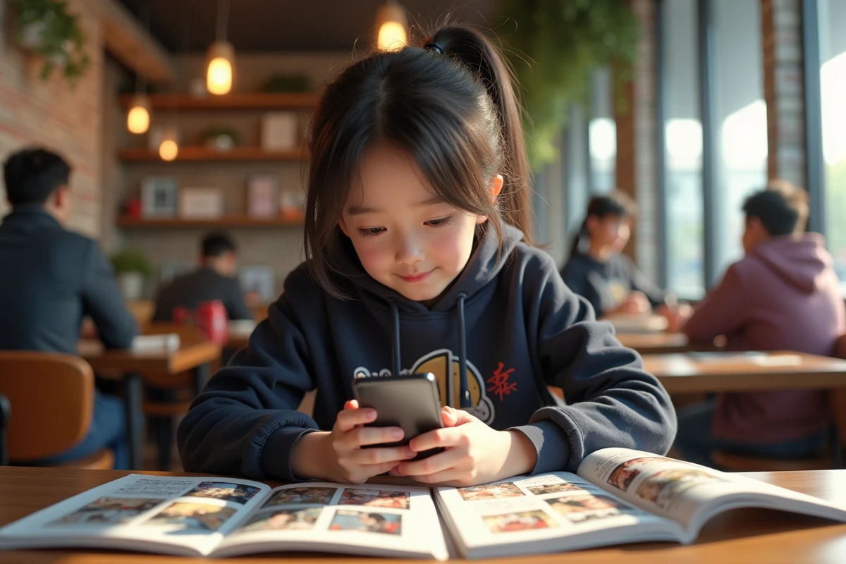 Adolescente souriante avec hoodie One Punch Man dans un café moderne