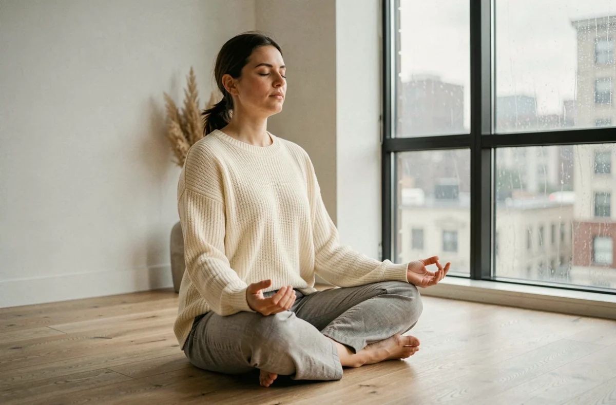 Femme en méditation dans un appartement minimaliste illustrant la pause du lien sacré et la guérison intérieure après une séparation de flamme jumelle