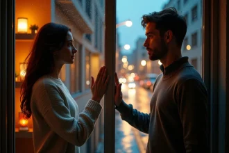 Deux âmes séparées se touchant à travers une vitre sous la pluie la nuit, symbolisant la séparation des flammes jumelles et le message de l'heure miroir 22h55