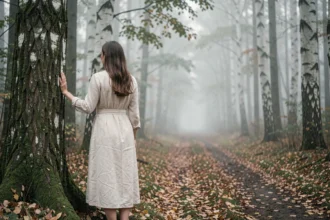 Femme seule dans une forêt brumeuse symbolisant la séparation d'une flamme jumelle et le chemin de la guérison karmique