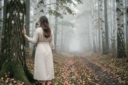 Femme seule dans une forêt brumeuse symbolisant la séparation d'une flamme jumelle et le chemin de la guérison karmique