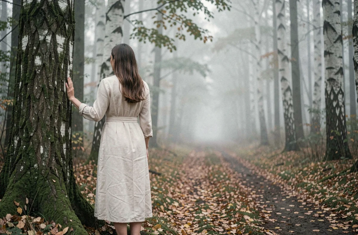 Femme seule dans une forêt brumeuse symbolisant la séparation d'une flamme jumelle et le chemin de la guérison karmique