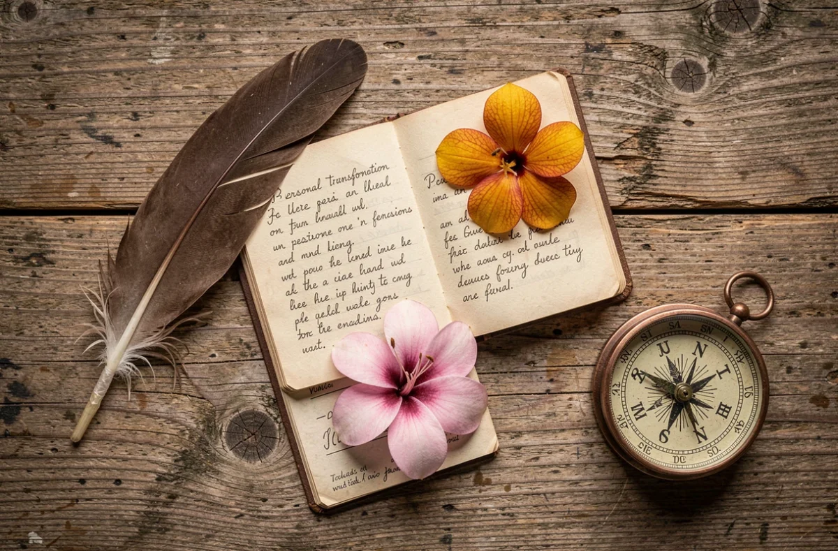 Composition flat-lay avec une plume de colibri, un livre ouvert sur la transformation personnelle, une fleur pressée et une boussole vintage sur une table en bois patiné