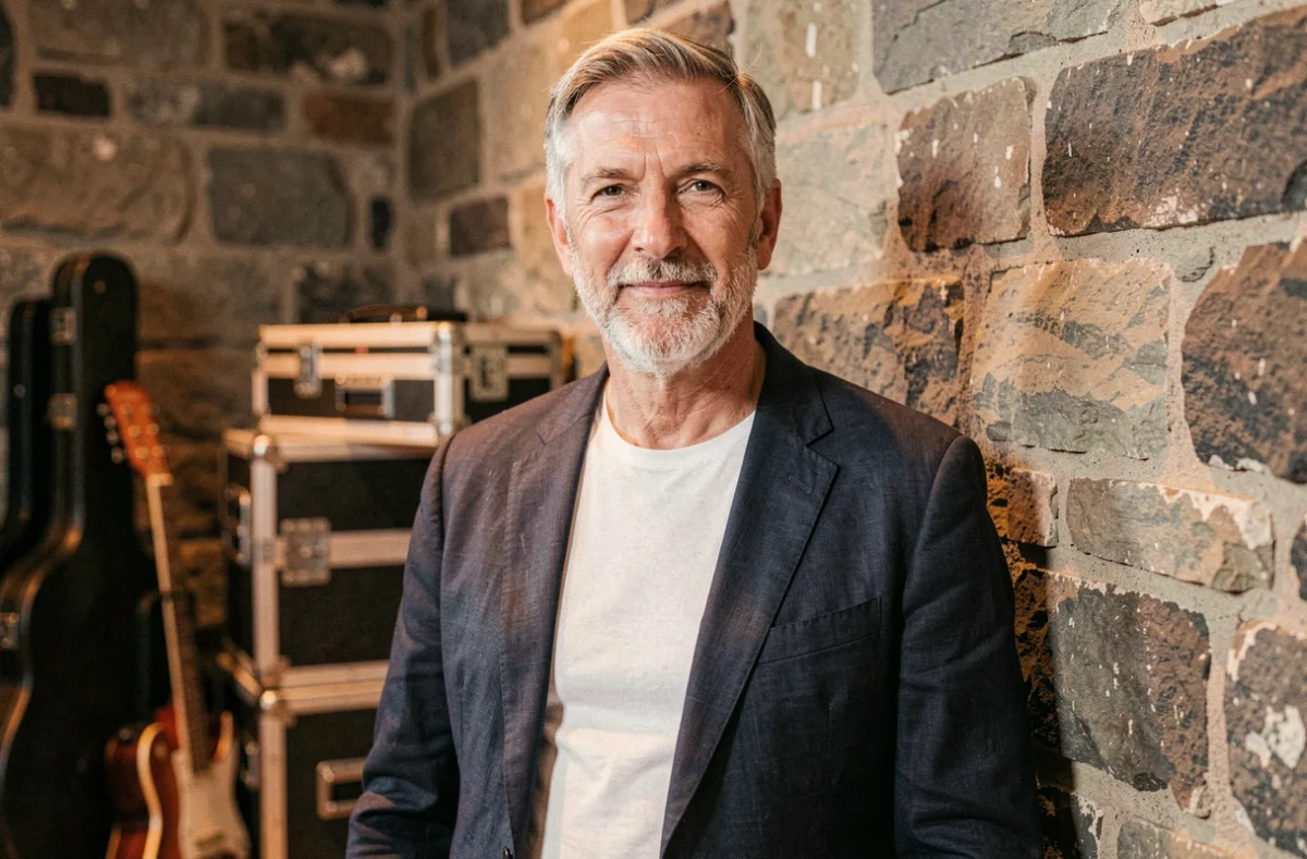 Portrait de Florent Pagny, chanteur français dans la soixantaine, cheveux grisonnants et barbe courte, veste en lin sombre, backstage d'une salle de concert