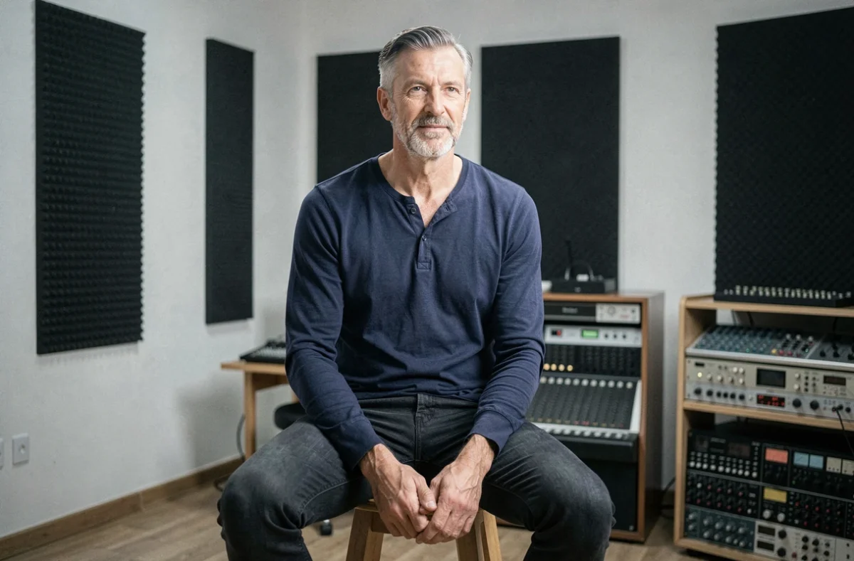 Florent Pagny en studio d'enregistrement, assis sur un tabouret, jean sombre et chemise navy, look décontracté et contemporain