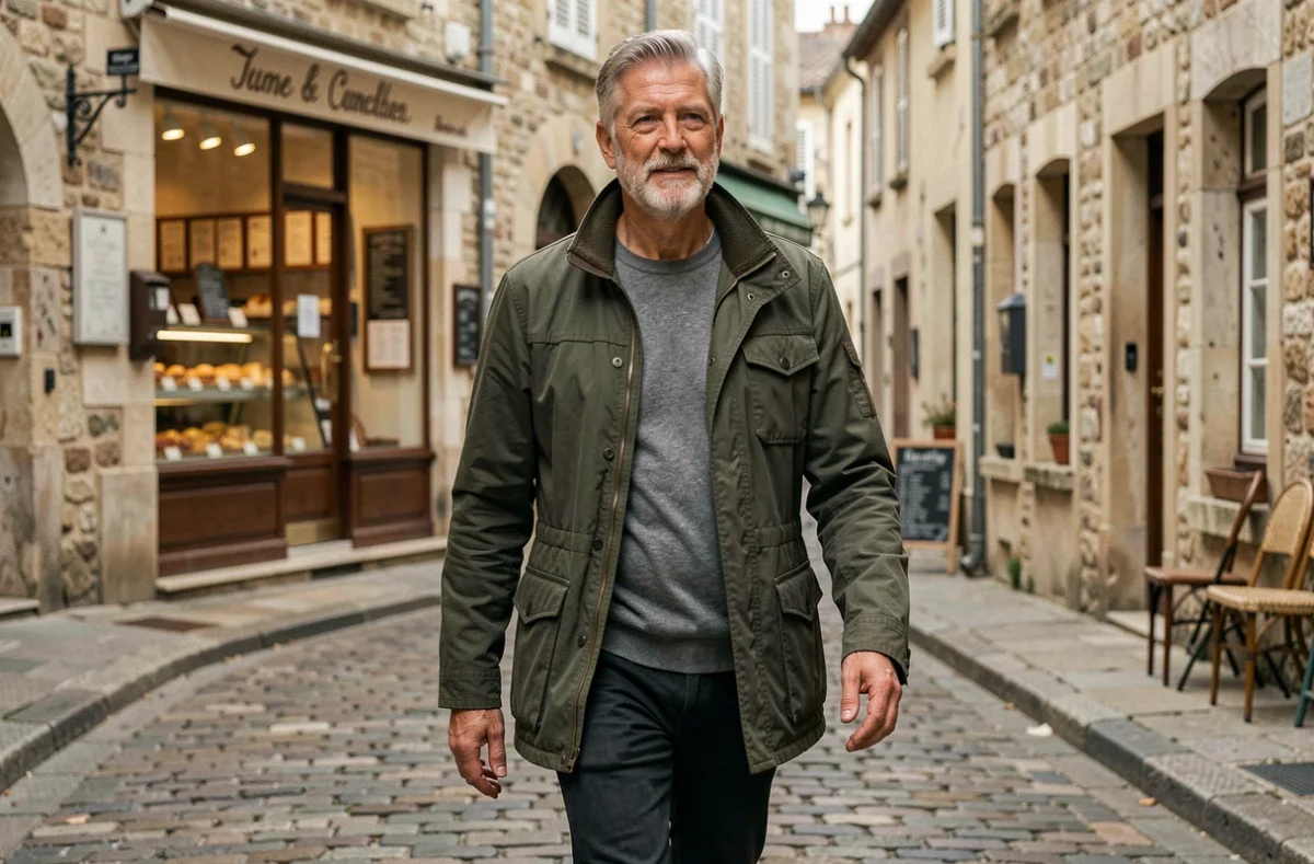 Florent Pagny marchant dans une rue pavée d'une ville française, veste kaki décontractée, portrait candid en extérieur révélant sa silhouette et son allure actuelle