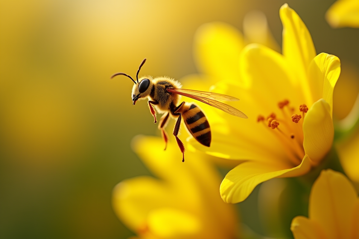 Frelon en vol devant une fleur de freesie jaune au matin