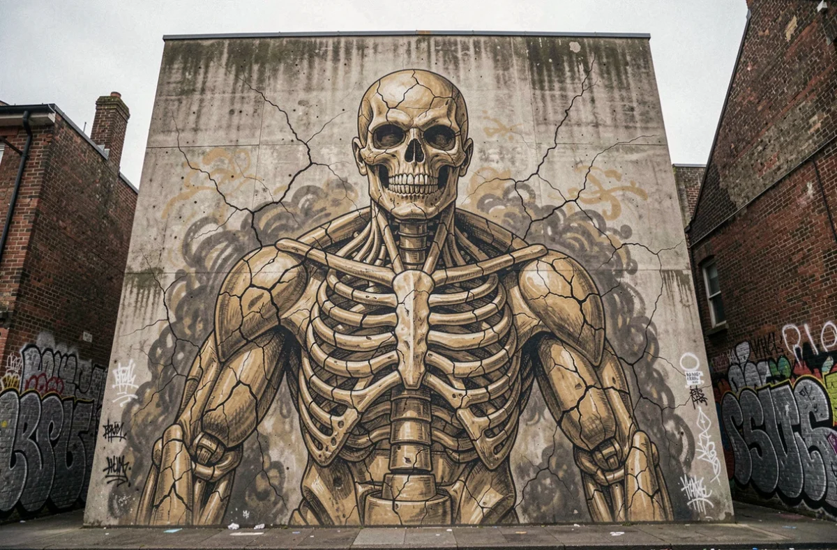 Grande fresque murale urbaine représentant un Titan Primordial squelettique de L'Attaque des Titans, art de rue sur béton