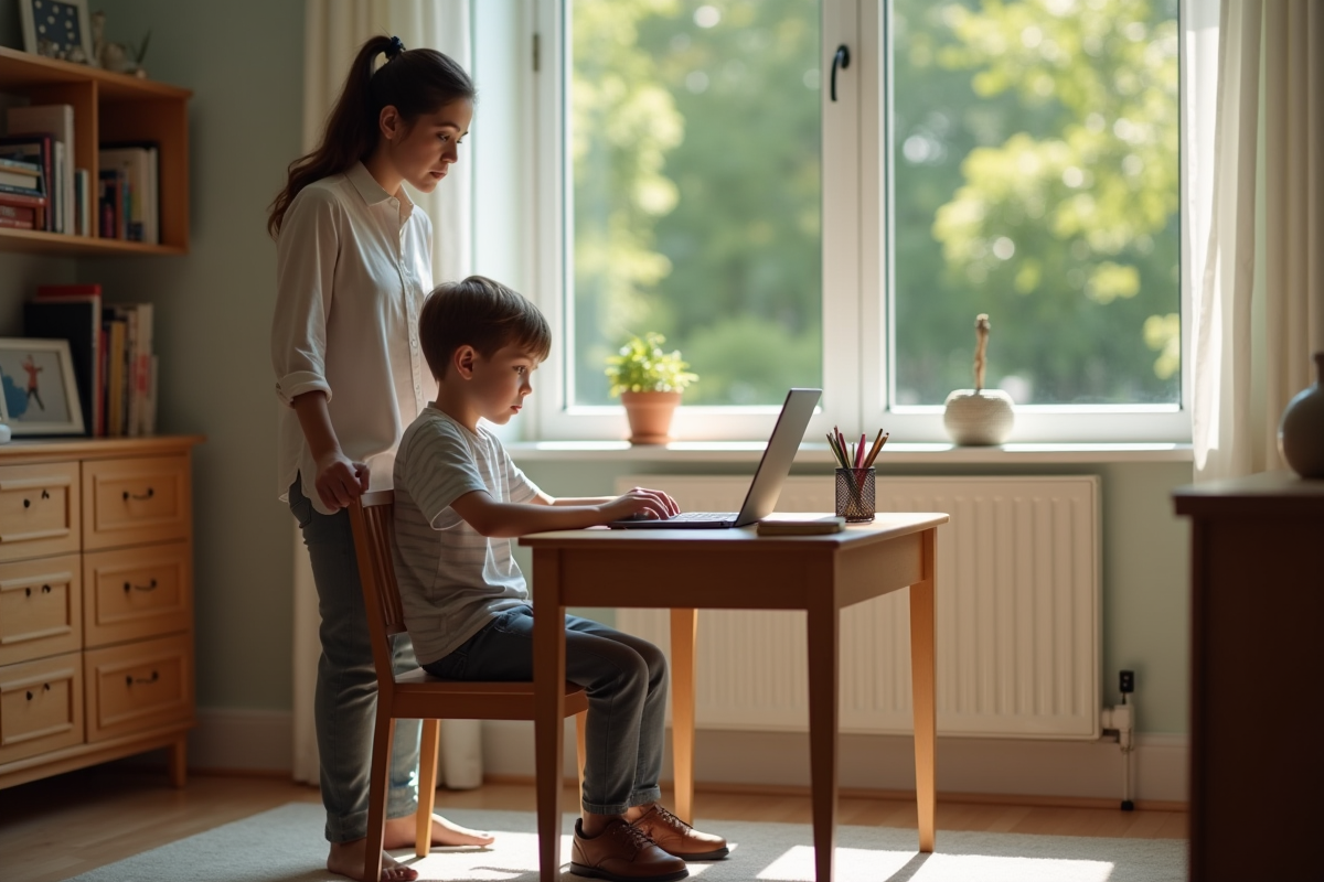 Garçon et mère travaillent sur un ordinateur