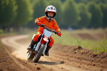 Garçon de 10 ans en motocross sur piste terreuse