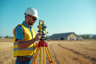 Geometre en vest jaune utilisant un GPS en plein champ