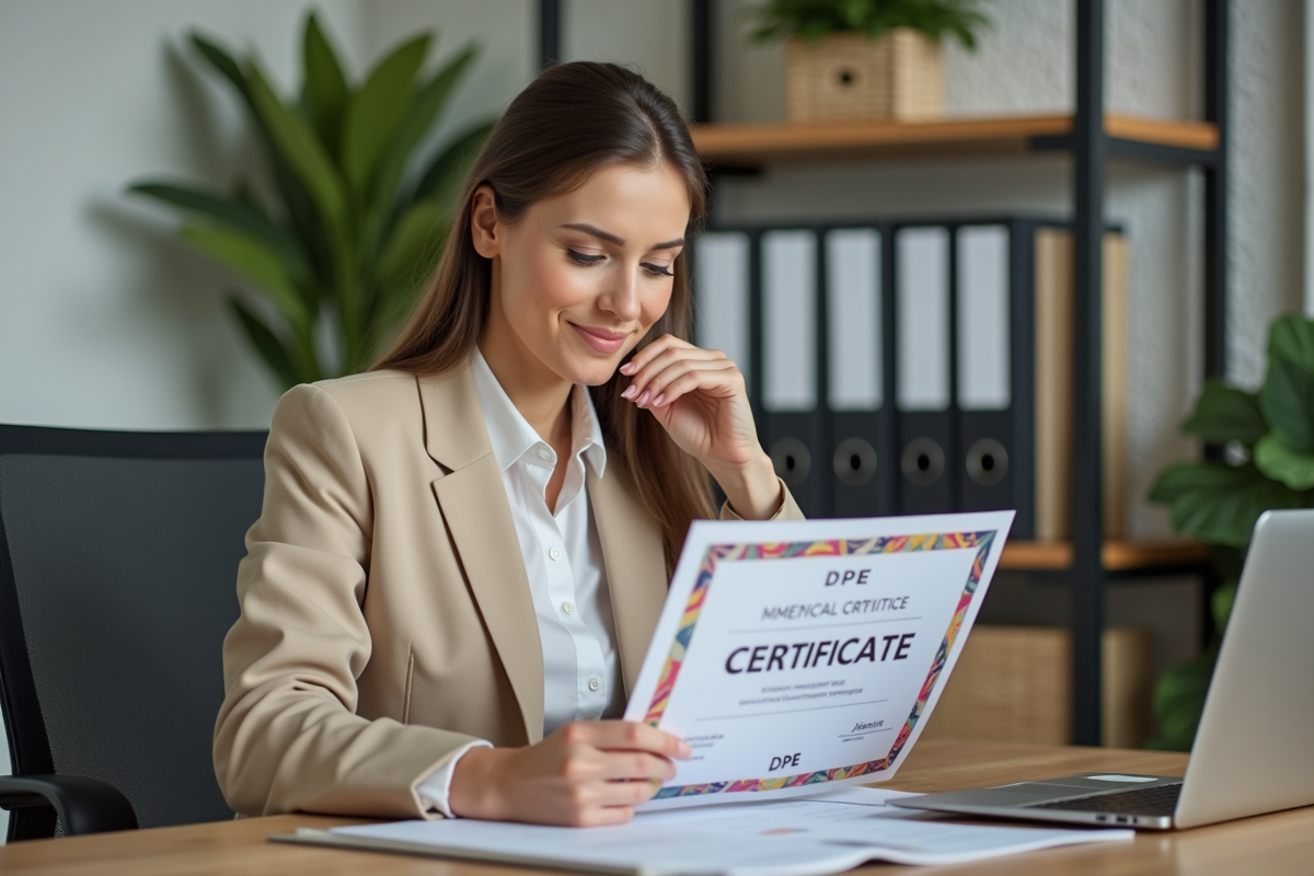 Gestionnaire immobilier examinant un certificat DPE dans un bureau organisé