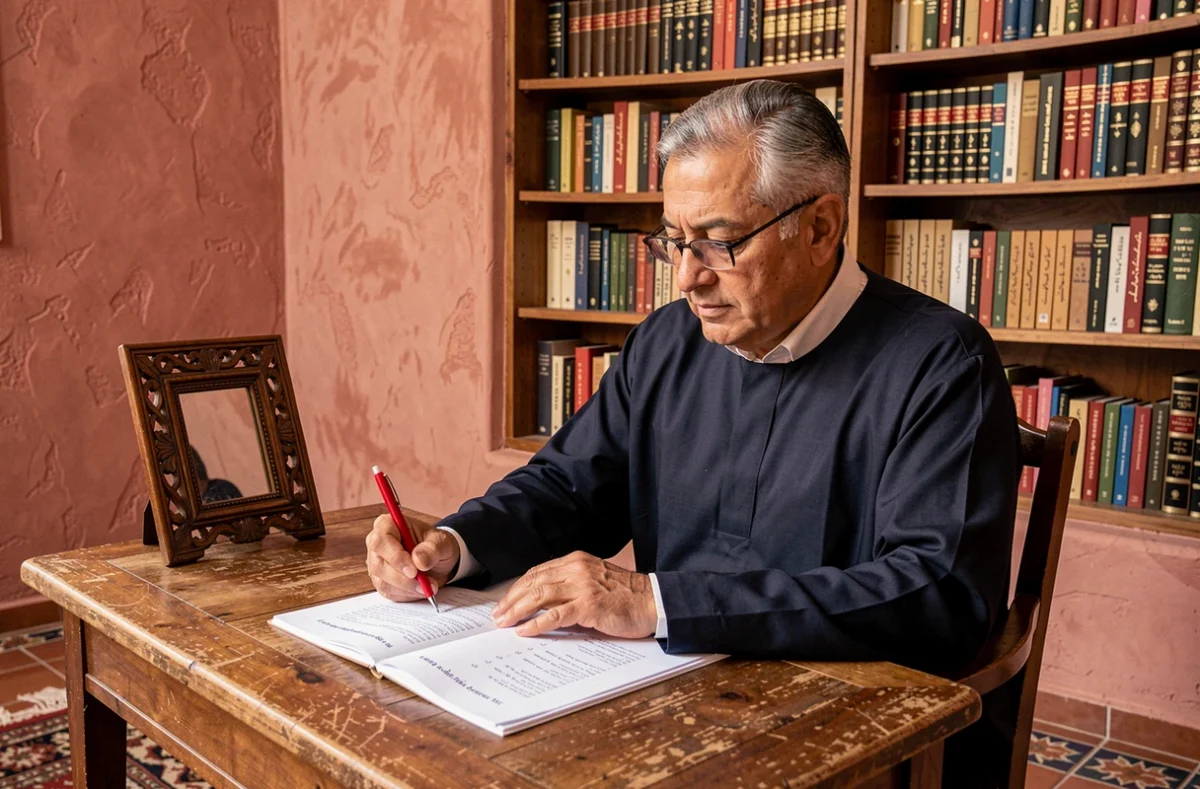 Homme marocain annotant un glossaire de traduction d'argot franco-marocain dans un bureau traditionnel à Marrakech