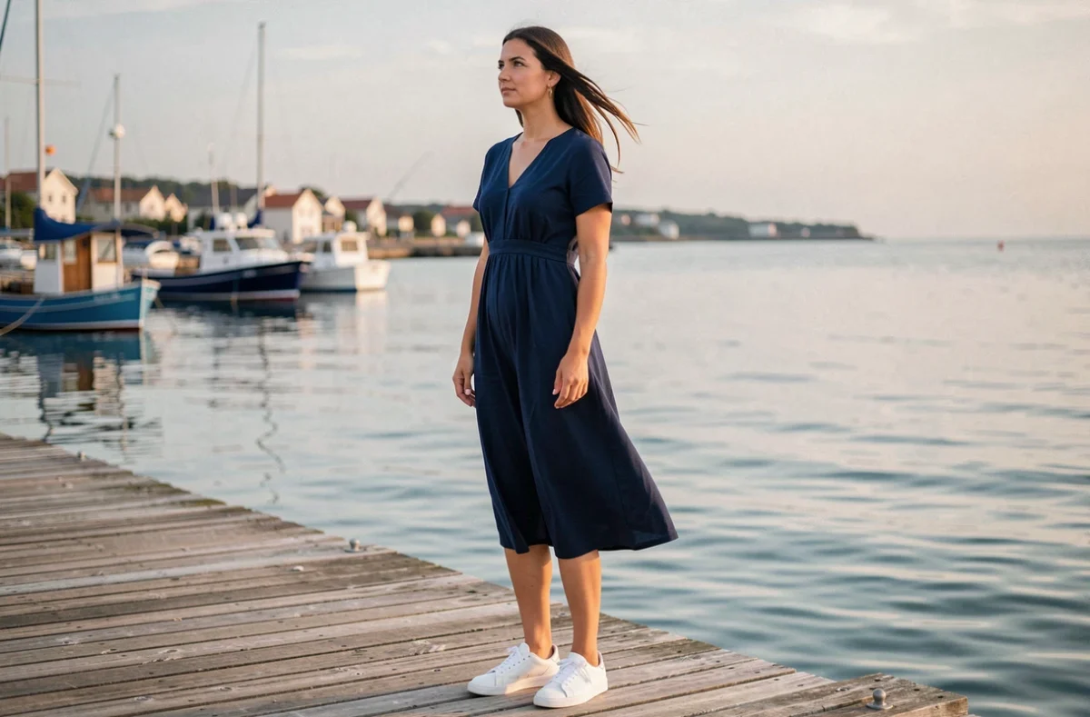 Grande femme debout sur un ponton en bord de mer, symbolisant la taille élevée dans les pays côtiers européens