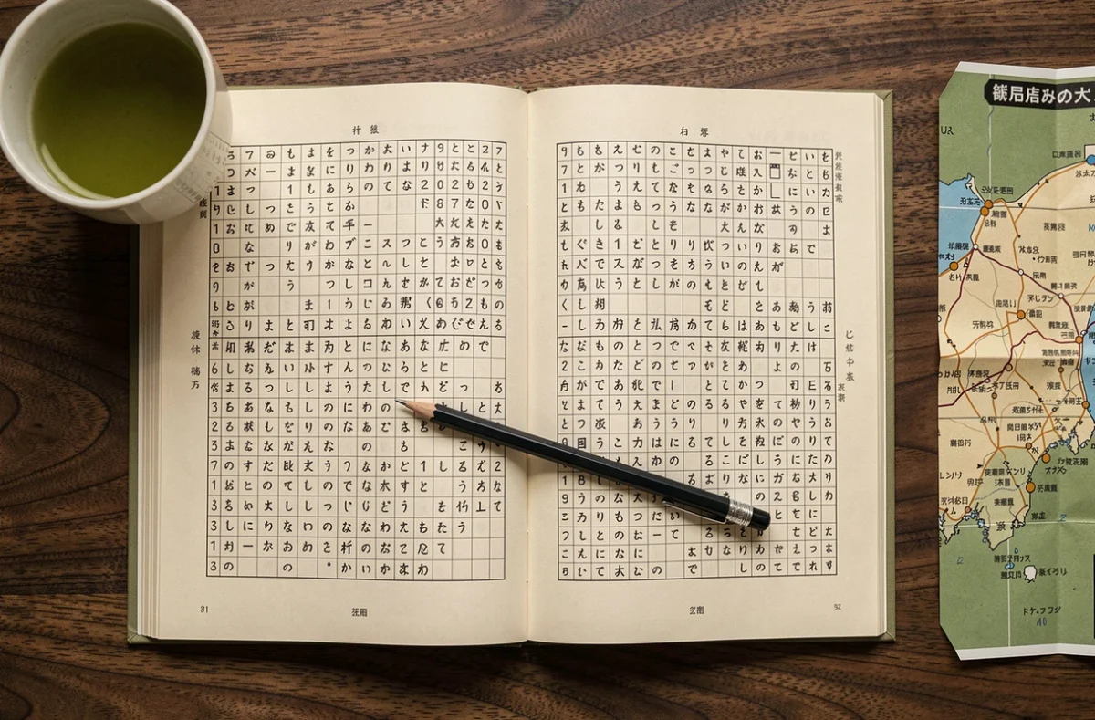 Grille de mots croisés japonaise posée sur un bureau en bois avec crayon et tasse de thé matcha