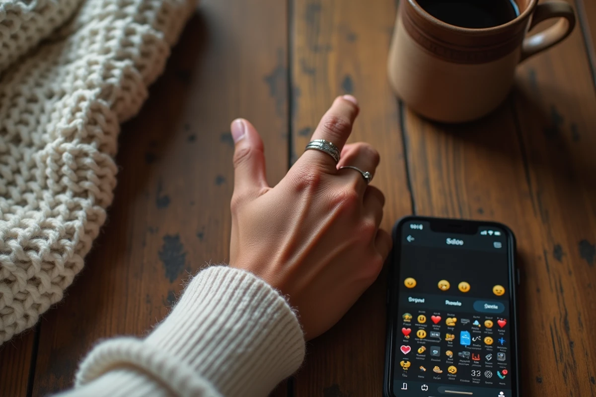 Gros plan d'une main aux doigts croisés posée sur une table avec un smartphone affichant des emojis, symbolisant le geste porte-bonheur numérique