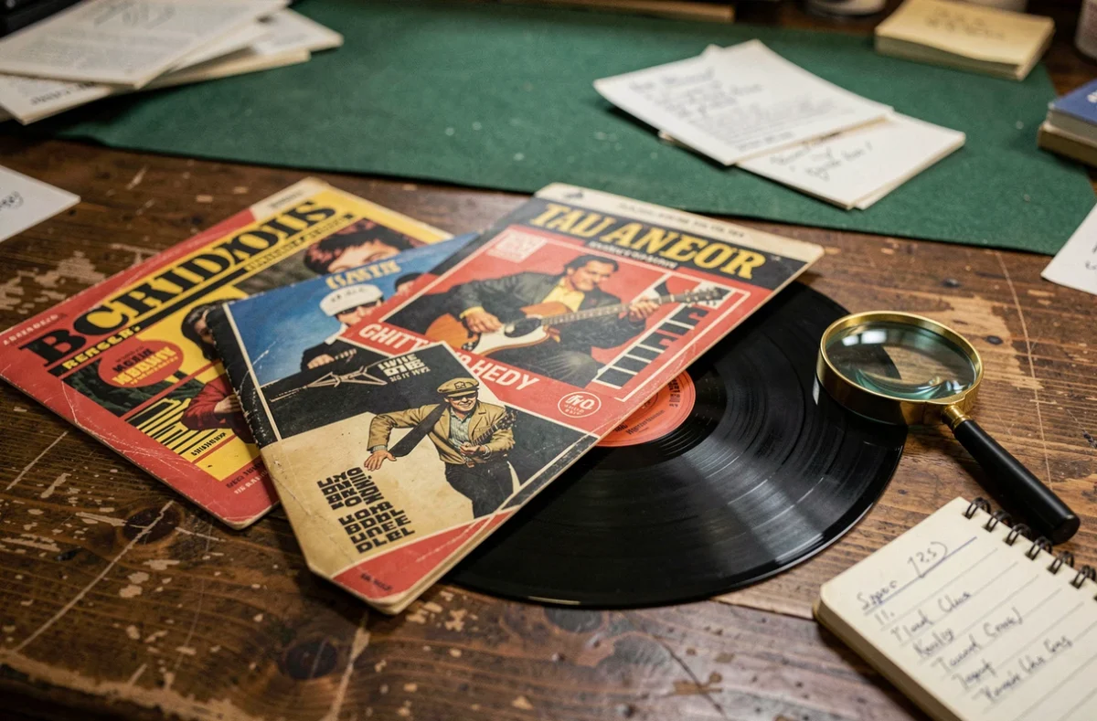 Gros plan sur des pochettes de vinyles rares et précieux posés sur une table en bois avec guide de prix