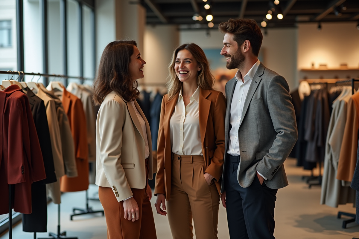 Trois amis discutant mode dans une boutique moderne