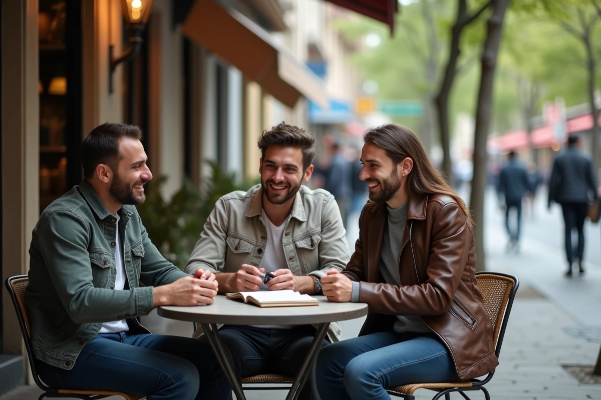 Groupe de trois amis attablés en terrasse de café, réagissant avec des expressions amusées à une blague débile lue dans un carnet