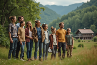 Groupe divers d'adultes et enfants observant la nature