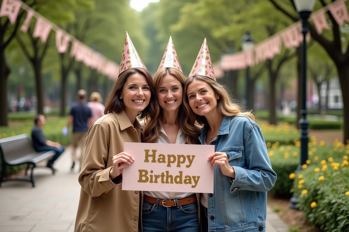 Trois femmes souriantes posant en extérieur pour un anniversaire