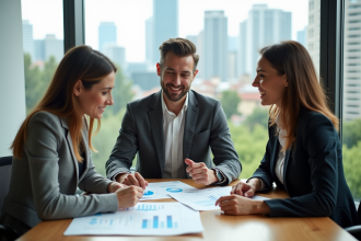 Groupe de trois adultes discutant de rapports durables