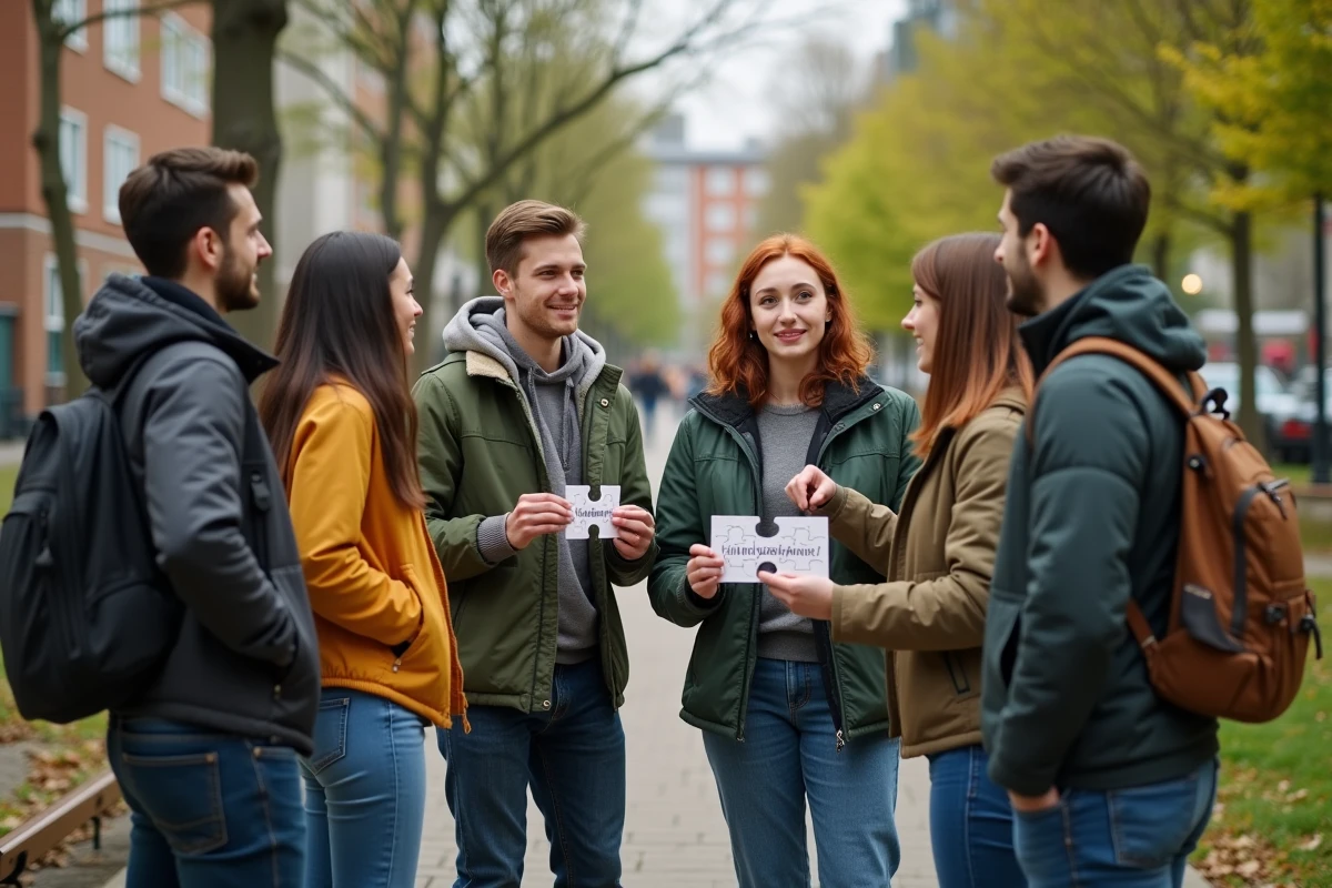 Jeunes adultes rassemblés dans un parc urbain avec puzzles