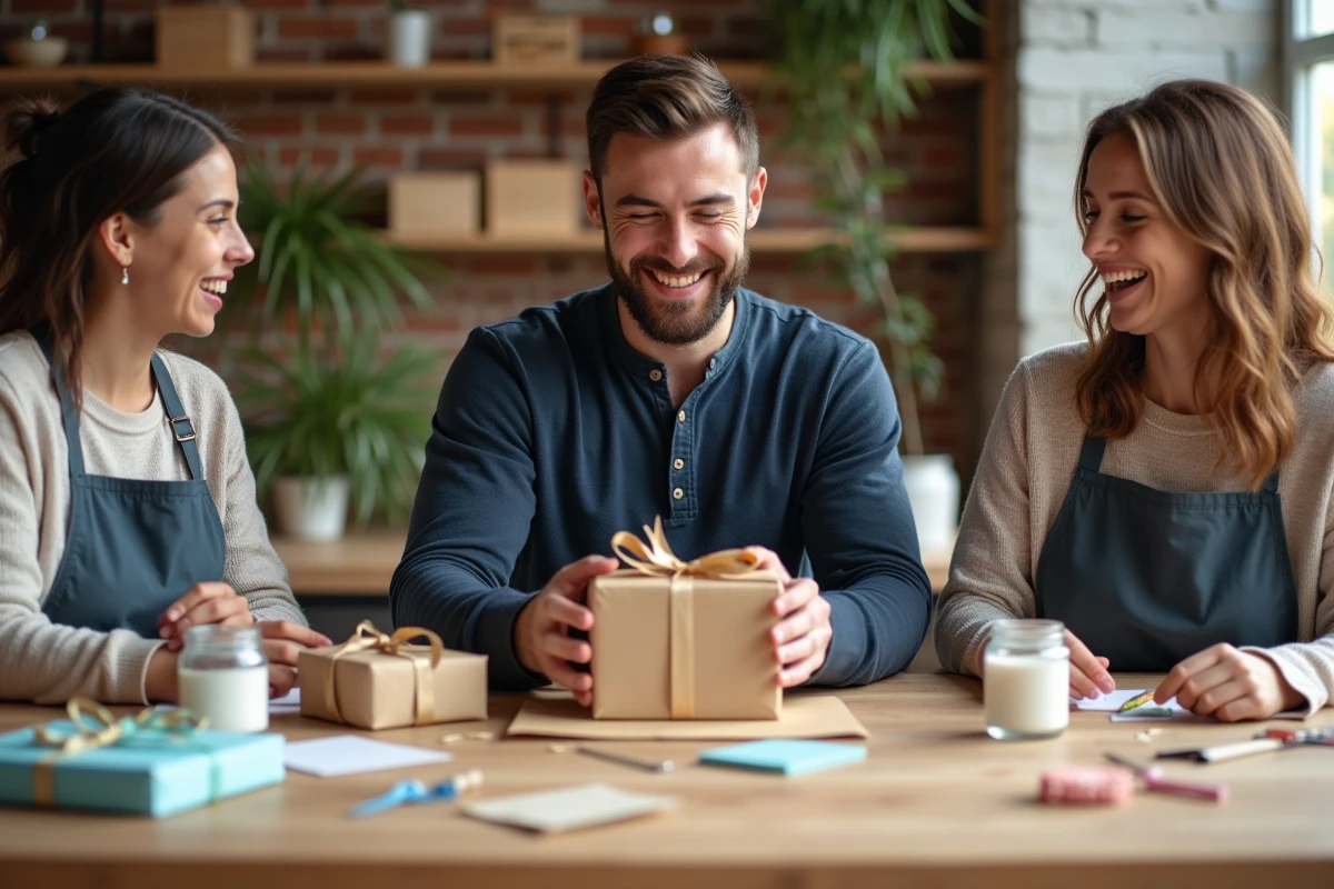 Groupe d'adultes réalisant des loisirs créatifs autour d'une table avec des cadeaux faits main