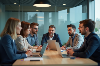 Groupe diversifié participant à un séminaire ChatGPT en réunion