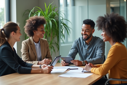 Groupe de professionnels discutant autour d'une table moderne