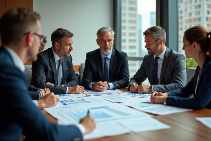 Groupe de professionnels en réunion autour de graphiques