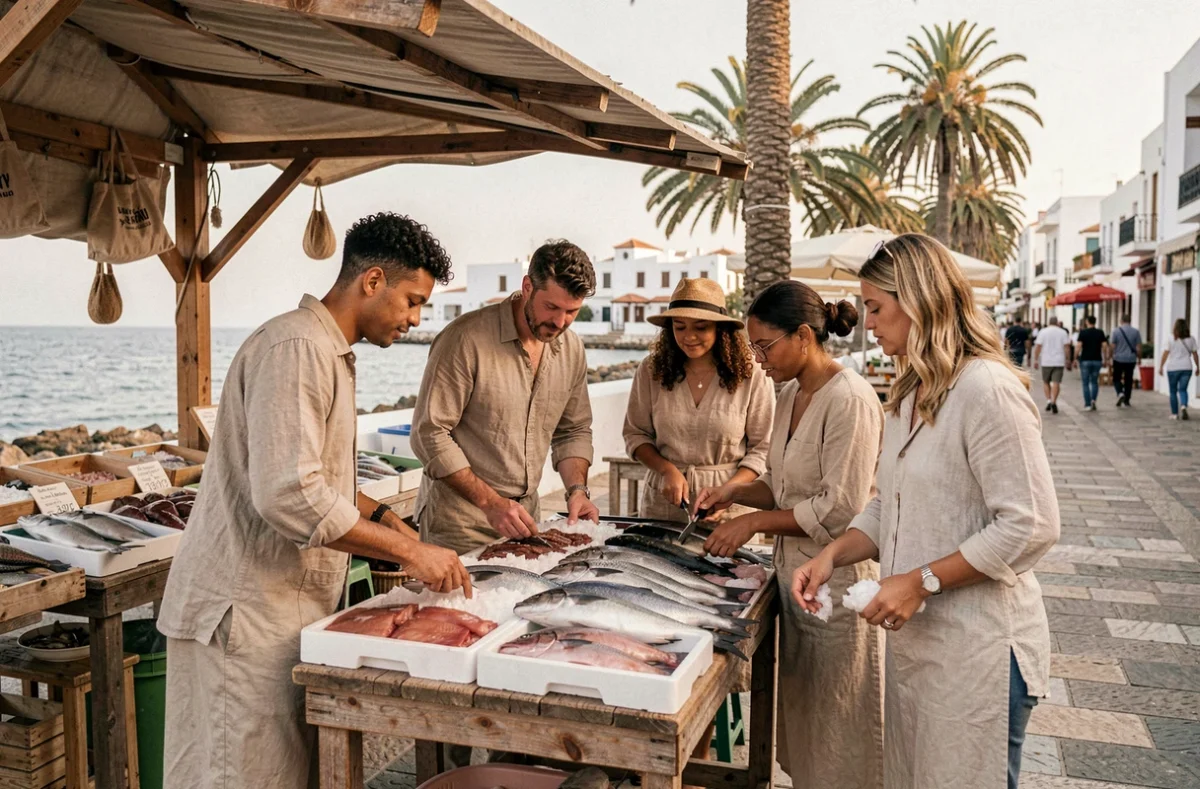 Groupe multiculturel de personnes de tailles variées dans un marché côtier méditerranéen, illustrant la diversité des tailles moyennes selon les pays