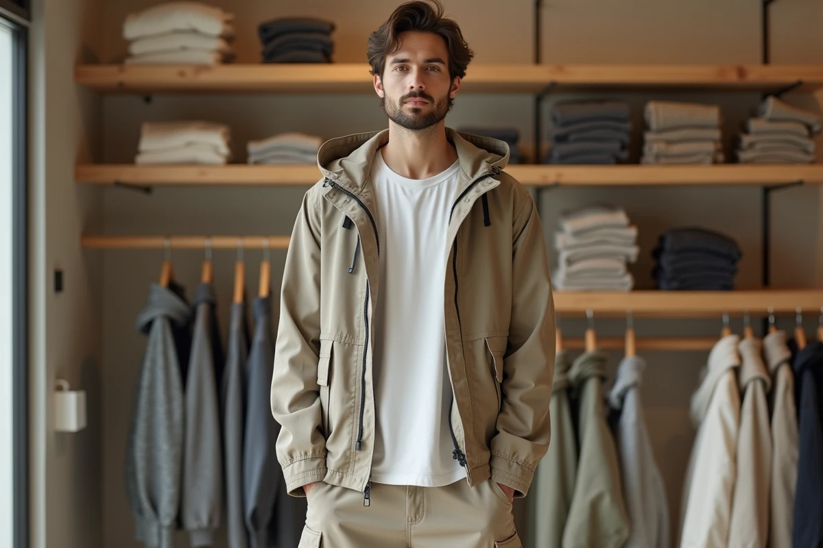 Grand jeune homme en parka oversize dans une boutique de vêtements minimaliste, illustrant l'adaptation du style vestimentaire à une grande taille