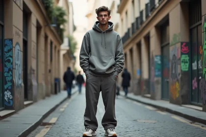 Rappeur de grande taille en tenue streetwear bien proportionnée dans une rue parisienne, illustrant l'influence de la taille sur le style vestimentaire