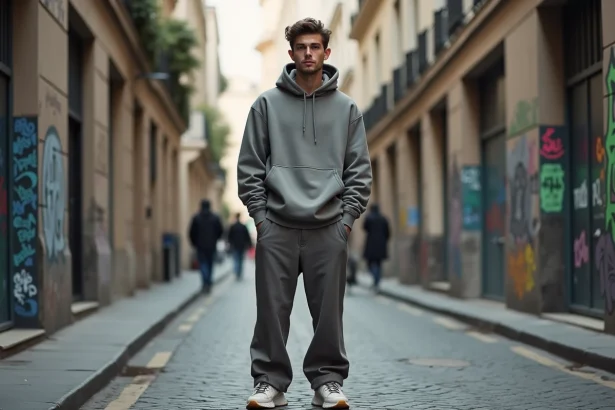 Rappeur de grande taille en tenue streetwear bien proportionnée dans une rue parisienne, illustrant l'influence de la taille sur le style vestimentaire